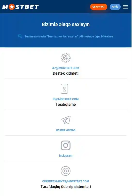 Mobil tətbiqdə texniki dəstəklə əlaqə saxlaya biləcəyiniz bütün kontaktlar